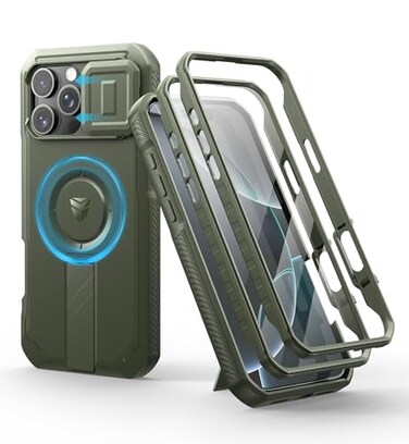 Dexnor for iPhone 16 Pro Max Case with Slide Camera CoverAdjustable KickstandBuiltin Screen ProtectorCompatible With MagSafe Shockproof Bumper Cases Heavyduty Magnetic Protective CoverArmy Green