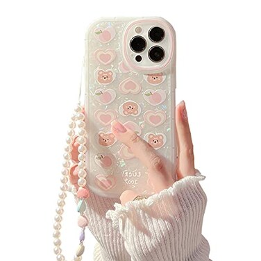 Fycyko Compatible with iPhone 14 Pro Case Cover Cute WomenBear Love Heart Pattern with Pearl Strap Bracelet Chain Sparkly Phone Case Camera Protect
