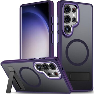 MALEWOLF Stand for Samsung Galaxy S25 Ultra Case Magnetic Phone Case Compatible with MagSafe AntiSlip Grip Slim Translucent Cover Rugged Drop Protection Dark Purple