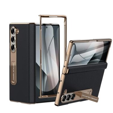Kalernd for Samsung Galaxy Z Fold 6 Phone CaseLuxury Premier Genuine LeatherFull Body Hinge ProtectionBuiltin Screen ProtectorKickstand Slim Protective Cover for Galaxy ZFold 6 Black
