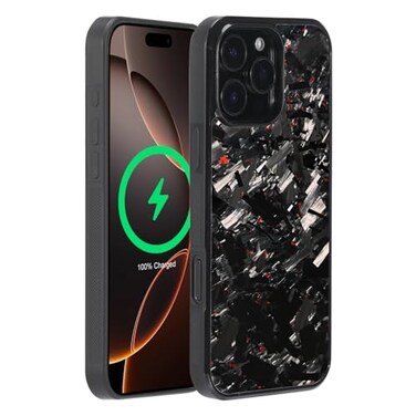 molzar Grip Series for iPhone 16 Pro Max Case with Real Forged Carbon Fiber Grippy Edges Design Builtin Magnets Compatible with MagSafe Chargers and Accessories Glossy BlackRed