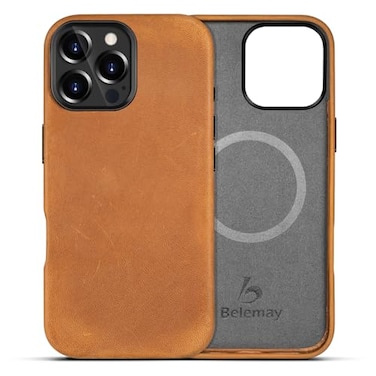Belemay Compatible with iPhone 16 Pro Max Leather Case Compatible with Magsafe Premium Crazy Horse Leather Vintage Aesthetic Comfort Grip Metal Buttons Camera Bump Frame 69 Tan Brown