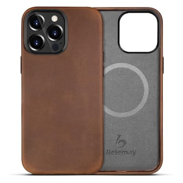 Belemay Compatible with iPhone 13 Pro Max Leather Case MagsafeTop Grain Vintage Crazy Horse LeatherMetal Buttons Camera BezelSlim FitPrecision Crafted Premium Phone Cover 67inchRetro Brown