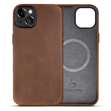 Belemay Compatible with iPhone 13 Leather Case Magsafe Top Grain Vintage Crazy Horse Leather Metal Buttons Camera Bezel Bump Slim Fit Soft Feel Premium Phone Cover 61inch Retro Brown