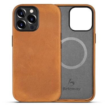 Belemay Compatible with iPhone 14 Pro Leather Case Magsafe Top Grain Vintage Crazy Horse Leather Metal Buttons Camera Bezel Bump Slim Fit Soft Premium Phone Cover 61inch Tan Brown