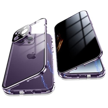 Jonwelsy Anti Peeping Case for iPhone 14 Pro Max 360 Degree Front and Back Privacy Tempered Glass Cover Anti SPY Screen Anti Peep Magnetic Adsorption Metal Bumper for iPhone 14 Pro Max Purple