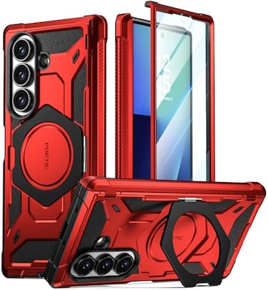 Poetic Spartan for Samsung Galaxy Z Fold 7 Case Hinge ProtectionMagnetic Ring Adjustable StandBuiltin Screen ProtectorCompatible with MagSafe FullBody Rugged Phone Case Metallic Red