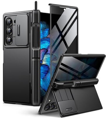 BERFY for Z Fold 6 Case with Screen Protector Builtin S Pen Holder Slide Camera Cover Hidden Kickstand Full Body Shockproof Slim Phone Case for Samsung Galaxy Z Fold 6 Black