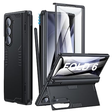 Kaiiecal for Z Fold 6 Case with S Pen HolderNo Pen Shockproof Rugged Hidden Stand Hinge Protection Wireless Charging Builtin HD Screen Protector Phone Case for Galaxy Z Fold6 Black
