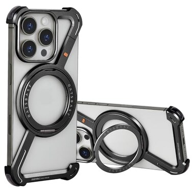 OATSBASF Minimalist Phone Case Compatible with iPhone 16 Pro Max 69 360 Rotation Kickstand Aluminum Metal Frameless Design Bumper Z Case Protective Shock Grade Shell Black