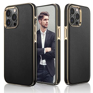 LOHASIC Leather Case for iPhone 14 Pro Cover Luxury Business Leather with AntiScratch Microfiber Lining Full Body Protective Men Cases Compatible with iPhone 14 Pro 61 inch Black Gold