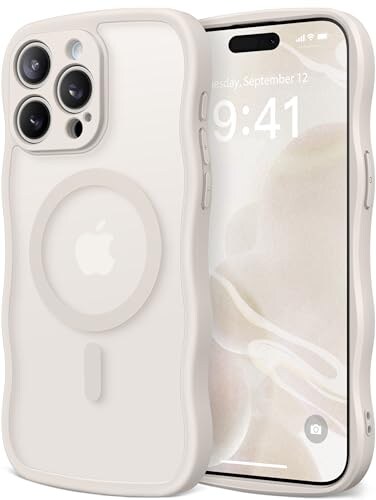 CAPRARO Cute for iPhone 15 Pro Max Case Compatible with MagSafe Curly Wave Edge Full Camera Protection 14 FT Drop Protection Magnetic Phone Case for 15 Pro Max 67 Inch Stone