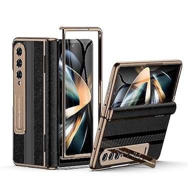 karenDon for Samsung Galaxy Z Fold 4 Phone Case Luxury Premier Genuine LeatherFull Body Hinge ProtectionBuiltin Screen ProtectorKickstand Drop Proof Protective Cover for Z Fold4 Black