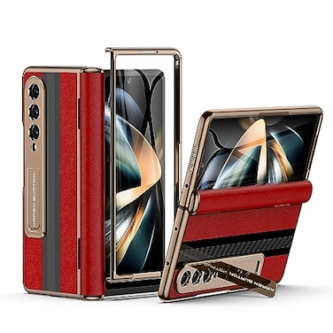 karenDon for Samsung Galaxy Z Fold 4 Phone Case Luxury Premier Genuine LeatherFull Body Hinge ProtectionBuiltin Screen ProtectorKickstand Drop Proof Protective Cover for Z Fold4 Red