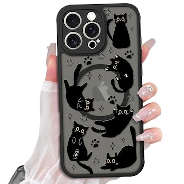 Heaofei Cute Magnetic Case for iPhone 16 Pro Max Case Compatible with MagSafe with Black Cat Cats Pattern Design for Women Girls Boys Soft Bumper Hard Back Kawaii Animal Protective Phone Cover