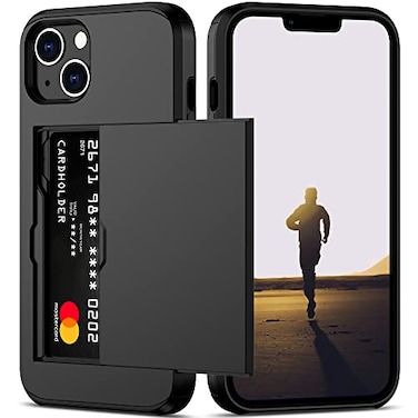Nvollnoe for iPhone 13 Case with Card Holder Heavy Duty Protective Dual Layer Shockproof Hidden Card Slot Slim Wallet Case for iPhone 13 for WomenMenBlack