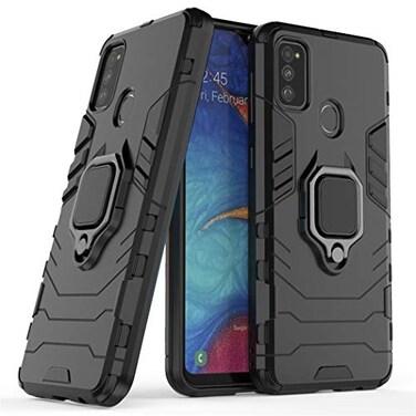MaiJin Compatible with Samsung Galaxy M30S Galaxy M21 Case Metal Ring Grip Kickstand Shockproof Hard Bumper Works with Magnetic Car Mount Dual Layer Rugged Cover Black