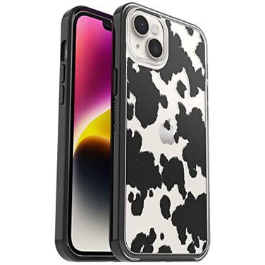 OtterBox iPhone 14 Plus Symmetry Series Case COW PRINT ClearBlack ultrasleek wireless charging compatible raised edges protect camera screen