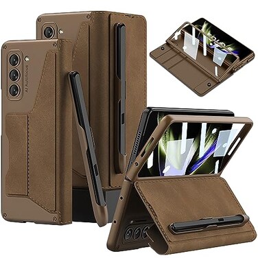 DEMCERT for Samsung Galaxy Z Fold 5 Case with Fold5 Edition SPen Slot Military Armor Cases Full Body Protective AntiScratch Hard Slim Leather Bracket Case with Screen Protector Brown