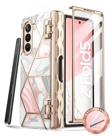 i-Blason iBlason Cosmo for Samsung Galaxy Z Fold 5 Case with Pen Holder Builtin Screen Protector Hinge Protection 3 Silicone Pen Covers Stylish FullBody Protective Z Fold 5 Case Marble