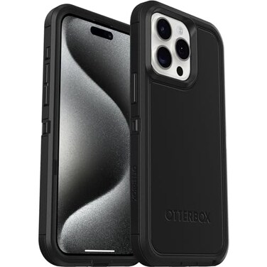 OtterBox iPhone 15 Pro MAX Only Defender Series XT Case BLACK screenless rugged snaps to MagSafe lanyard attachment ships in polybag ideal for business customers