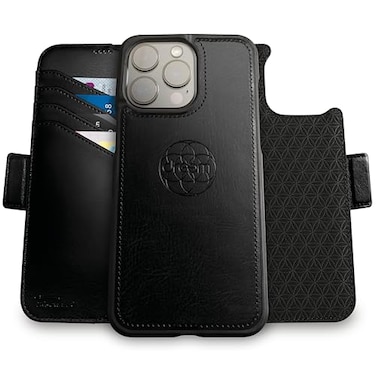 Dreem Wallet Case for iPhone 15 Pro Max Revolutionary VertHor Phone Stand Magnetic Detachable Vegan Leather Flip Cover RFID Blocking Card Holder MagSafeFit Gift Box Fibonacci Black