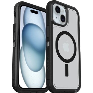 OtterBox iPhone 16e 15 14 13 Defender Series XT Clear Case DARK SIDE BlackClear screenless rugged snaps to MagSafe lanyard attachment ships in polybag