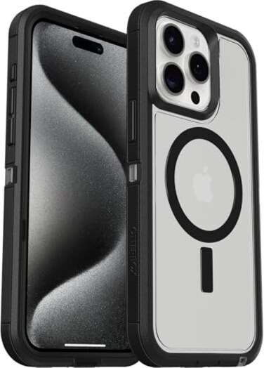 OtterBox iPhone 15 Plus and iPhone 14 Plus Defender Series XT Clear Case Dark Side BlackClear screenless Rugged Snaps to MagSafe Lanyard Attachment