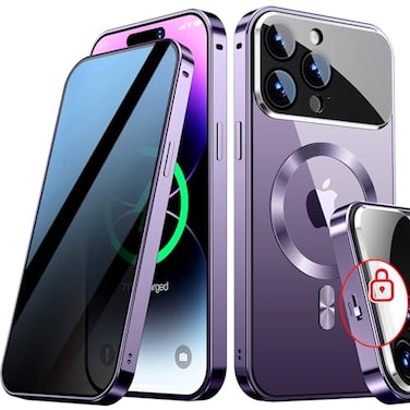 SIYUKBM Full Camera Protection Mechanical LockMagnetic Privacy Case for iPhone 14 Pro MaxCompatible with MagSafeCD Metal RingFull Body Shockproof Metal Bumper 9H Anti Peeping Glass CoverPurple