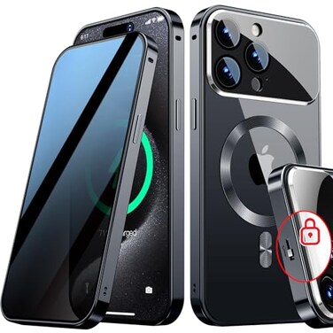 SIYUKBM Full Camera Protection Mechanical LockMagnetic Privacy Case for iPhone 15 Pro MaxCompatible with MagSafeCD Metal Ring Full Body Shockproof Metal Bumper 9H Anti Peeping Glass CoverBlack