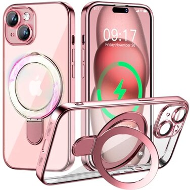 Pmteyoim Magnetic for iPhone 15 Case with Invisible StandCompatible with MagSafeFull Camera Lens ProtectorMilitary Drop Protection Shockproof Not Yellowing Clear Slim Soft for Women Men Pink