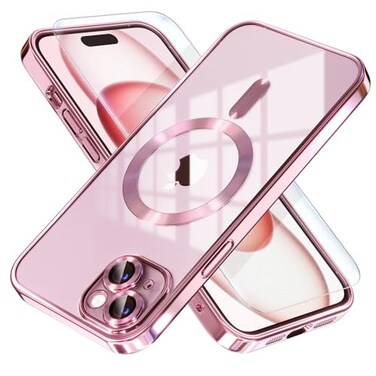 Misea Magnetic for iPhone 15 Case Compatible with MagSafe Never Yellowing Military Grade Drop Protection Full Camera Lens Protector Plating Soft Clear Phone Case for Women Pink