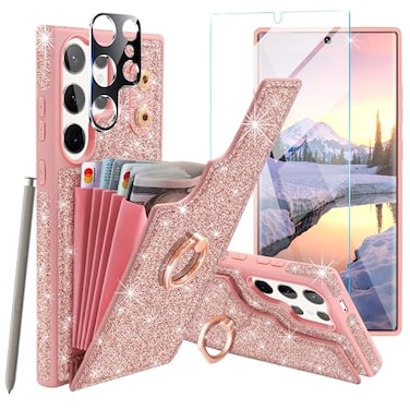 Casewind for Samsung Galaxy S24 Ultra Case Walletwith Screen Protector Camera Lens Protector Glitter 5 Card Holder 360Rotation Ring Stand Shockproof Cover for Samsung S24 UltraRose Gold2024