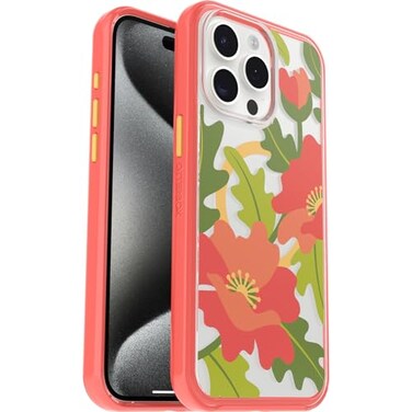 OtterBox iPhone 15 Pro MAX Only Symmetry Series Clear Case QUILTED POPPIES Red snaps to MagSafe ultrasleek raised edges protect camera screen
