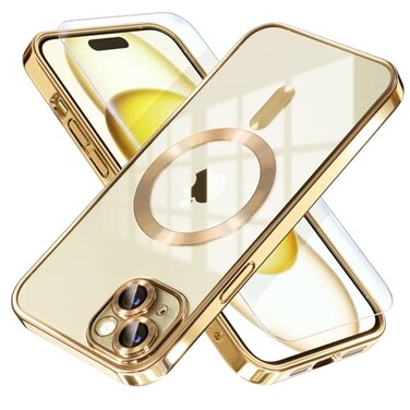 Misea Magnetic for iPhone 15 Case Compatible with MagSafe Never Yellowing Military Grade Drop Protection Full Camera Lens Protector Plating Soft Clear Phone Case for Women Gold