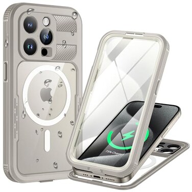 Lanhiem Magnetic for iPhone 15 Pro Max Case IP68 Waterproof Dustproof Case Compatible with Magsafe Builtin Screen Protector Full Body Heavy Duty Rugged Phone Cover 67 inch Natural