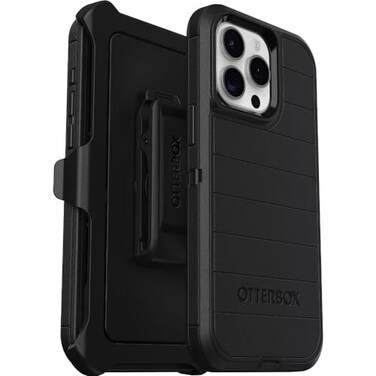 OtterBox iPhone 15 Pro Max Only Defender Series Case Black Screenless Rugged Durable with Port Protection Holster Clip Includes Microbial Defense Protection