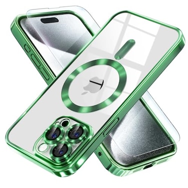 Misea Magnetic for iPhone 15 Pro Max Case with MagSafe Never Yellowing Military Grade Drop Protection Full Camera Lens Protector Plating Soft Clear Phone Case for Women Girls Green
