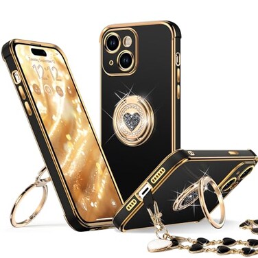 XYZ for iPhone 15 Case with Stand Phone Case with Double Ring Kickstand Women Girls Bling Luxury Protective Case Heart for iPhone 15 Black