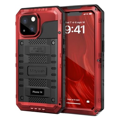 Mitywah Waterproof Case for iPhone 14 Heavy Duty Shockproof Case with Builtin Screen Protector Full Body Underwater Protective Metal Case 61 inch Red