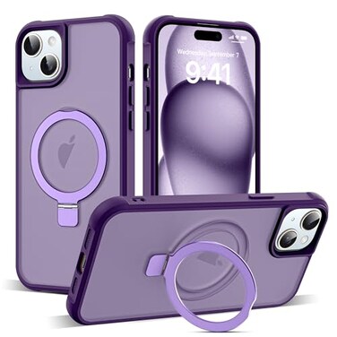 SKYLMW Compatible with iPhone 15 Case with Invisible Magnetic ORing Stand MilitaryGrade Translucent Case for iPhone 15 61 Compatible with MagSafeGreat Grip Feeling Purple