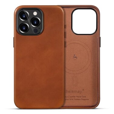 Belemay for iPhone 15 Pro Max Leather Case Compatible with MagSafe FullGrain VegetableTanned Leather Metal Buttons Camera Bezel Slim FitSleek Luxury Phone Cover 67inchSaddle Brown