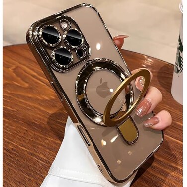 ZinLyuen Magnetic Ring Case for iPhone 16 Pro Max Case Kickstand Compatible with MagSafe Builtin Camera Lens Protector Shockproof Phone Case for iPhone 16 ProMax 69 Clear Gold