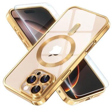 Misea Magnetic for iPhone 16 Pro Max Case Compatible with MagSafe Never Yellowing Military Grade Drop Protection Full Camera Lens Protector Plating Soft Clear Phone Case for Women 69 Gold