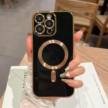 OOK Magnatic Case for iPhone 16 Pro Max Case Compatible with MagSafe Full Camera Lens Protector Gold Electroplate Edge Soft TPU Shockproof Protective Phone Case for Women Men 69 Inch Black