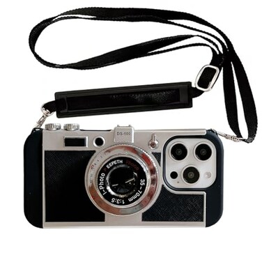 QoKcoahn 3D Vintage Camera Phone Case with Long Lanyard Unique Cool Silicone PC Shockproof Crossbody Protective Case for iPhone 16 Pro Max Black