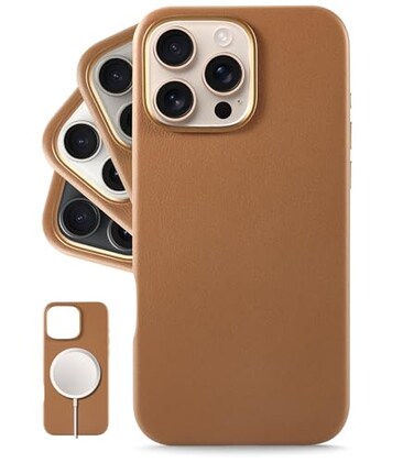 LONLI Classic Leather Phone Case for iPhone 16 Pro Max Brown European Genuine Vele Leather Smoothen and Soften Over Time Compatible with Magsafe