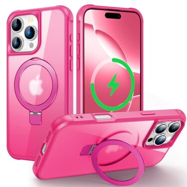 CHAOFEnG Magnetic Compatible with iPhone 16 Pro Case with Stand Military Grade Drop TestedCompatible with Magnet Ring Translucent Slim Hard Back Soft Edge Rose Red