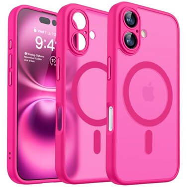 CANSHN Magnetic for iPhone 16 Case Upgraded Full Camera Protection Compatible with Magsafe Translucent Matte Shockproof Protective Phone Case for iPhone 16 Hot Pink