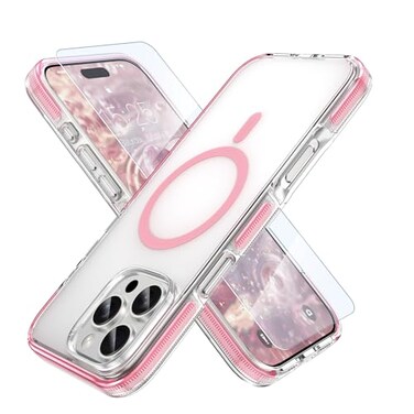 MILPROX Compatible with iPhone 16 Pro Max Case with Screen Protector Compatible with MagSafe Magnetic Clear Trasparent Design Non Yellowing Anti Slip All PC Protective Phone Cover Pink